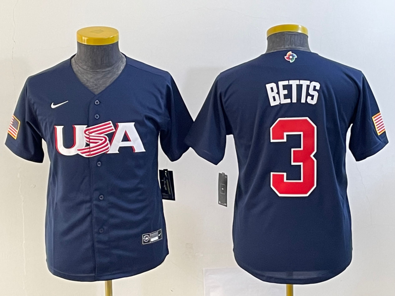 Youth USA Baseball #3 Mookie Betts 2023 Navy World Baseball Classic Stitched Jersey Youth USA Baseball #3 Mookie Betts 2023 Navy World Baseball Classic Stitched Jersey